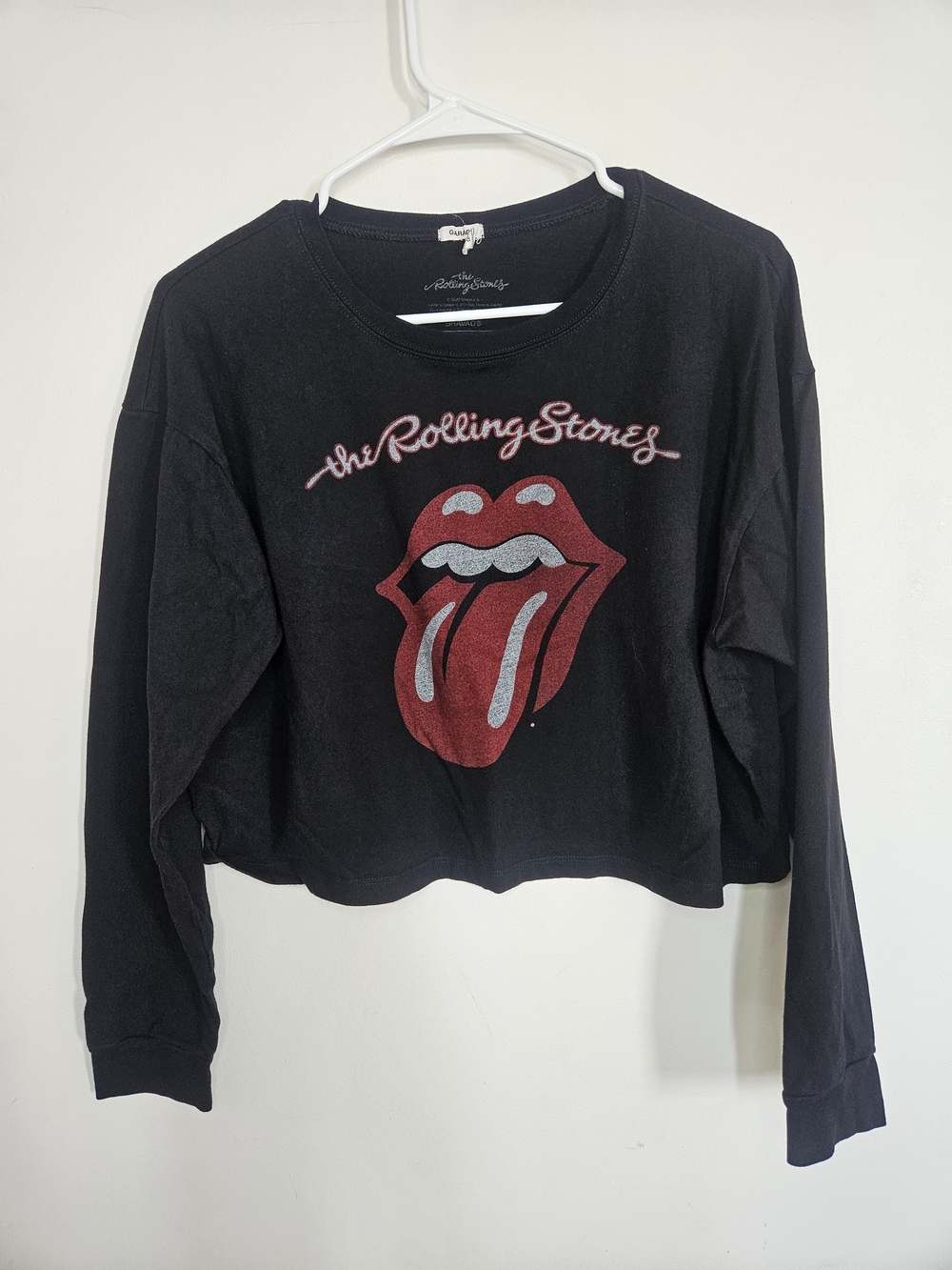 Garage The Rolling Stones Black Cropped Long Sleeve Graphic Tee Shirt Size L🔥